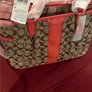 Coach Brown and Red Leather Patterned Tote